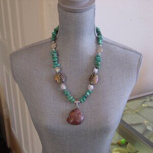 Turquoise Howlite Necklace, Evil Eye Ceramic Beads, Jasper Pendant - NWT